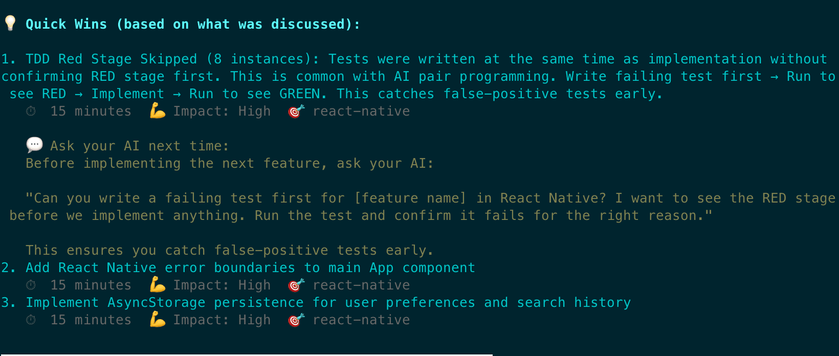 pAIrImprover CLI output showing TDD detection and actionable prompts